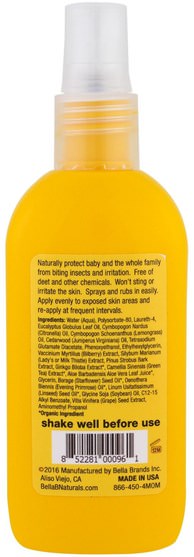 家庭，蟲子和驅蟲劑，兒童和嬰兒驅蚊劑 - Bella B, Natural Bug Repellent, 3.3 oz (98 ml)