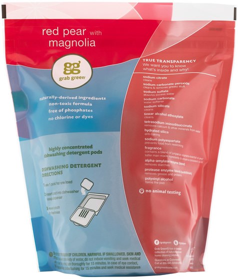 家，洗碗 - GrabGreen, Automatic Dishwashing Detergent Pods, Red Pear with Magnolia, 60 Loads, 2 lbs 4 oz (1.080 g)
