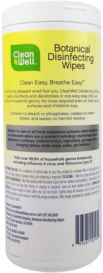 家庭，家庭清潔工 - Clean Well, Botanical Disinfecting Wipes, Lemon Scent, 35 Wet Wipes, 7 in x 8 in (117. cm x 20.3 cm)