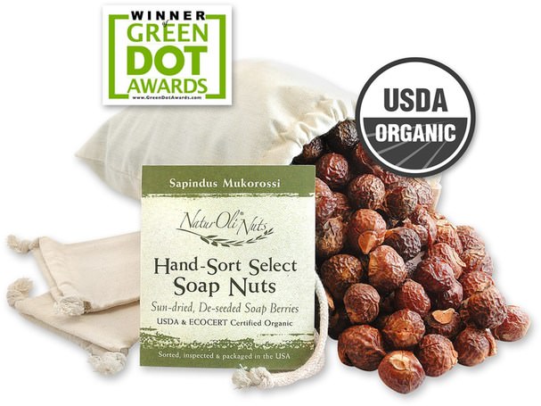家庭，洗衣店，家庭清潔工 - NaturOli, Organic Hand-Sort Select Soap Nuts With 1 Muslin Drawstring Bags, 16 oz
