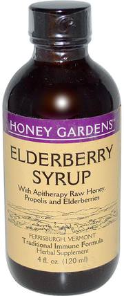 Elderberry Syrup with Apitherapy Raw Honey, Propolis and Elderberries, 4 fl oz (120 ml) by Honey Gardens, 健康，感冒流感和病毒，接骨木（接骨木） HK 香港
