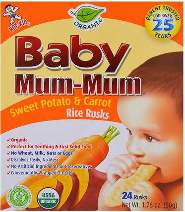 Baby Mum-Mum, Organic Sweet Potato & Carrot Rice Rusks, 24 Rusks, 1.76 oz (50 g) Each by Hot Kid, 兒童健康，嬰兒餵養，嬰兒零食和手指食品，出牙餅乾餅乾，兒童食品 HK 香港