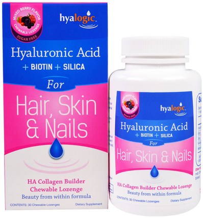 Skin & Nails, Mixed Berry Flavor, 30 Chewable Lozenges by Hyalogic Hyaluronic Acid for Hair, 美容，抗衰老，透明質酸 HK 香港