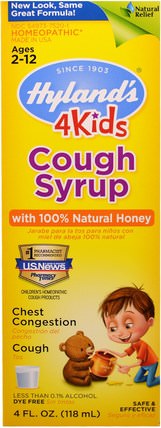 Cough Syrup, 4 Kids, with 100% Natural Honey, 4 fl oz (118 ml) by Hylands, 兒童健康，感冒感冒咳嗽，順勢療法咳嗽感冒和流感 HK 香港