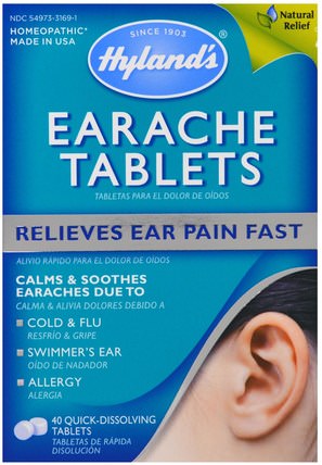 Earache Tablets, 40 Quick-Dissolving Tablets by Hylands, 補品，順勢療法，聽力和耳鳴，耳朵和聽力產品 HK 香港