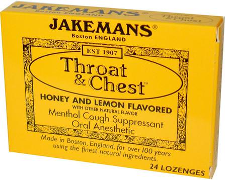 Throat & Chest, Honey and Lemon Flavored, 24 Lozenges by Jakemans, 健康，感冒流感和病毒，喉嚨護理噴霧，咳嗽滴 HK 香港