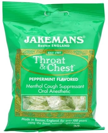 Throat & Chest, Peppermint Flavored, 30 Lozenges by Jakemans, 健康，感冒流感和病毒，喉嚨護理噴霧，咳嗽滴 HK 香港