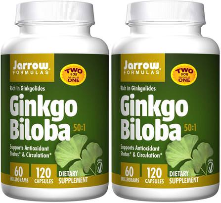 Ginkgo Biloba, 50:1, 60 mg, 2 Bottles, 120 Veggie Caps Each by Jarrow Formulas, 草藥，銀杏葉，草藥 HK 香港