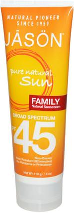 Family, Natural Sunscreen, SPF 45, 4 oz (113 g) by Jason Natural, 美容，面部護理，曬傷防曬，沐浴，防曬霜，spf 30-45 HK 香港