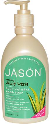 Hand Soap, Soothing Aloe Vera, 16 fl oz (473 ml) by Jason Natural, 洗澡，美容，肥皂 HK 香港