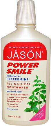 Power Smile, All Natural Mouthwash, Brightening Peppermint, 16 fl oz (473 ml) by Jason Natural, 健康，口乾，口腔牙齒護理，漱口水 HK 香港