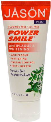 Power Smile, Antiplaque & Whitening Toothpaste, Powerful Peppermint, 3 oz (85 g) by Jason Natural, 沐浴，美容，牙膏，口腔牙齒護理，牙齒美白 HK 香港