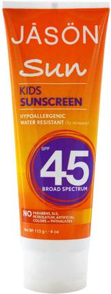 Sun, Kids Sunscreen, SPF 45, 4 oz (113 g) by Jason Natural, 洗澡，美容，防曬霜，spf 30-45，兒童和嬰兒防曬霜 HK 香港