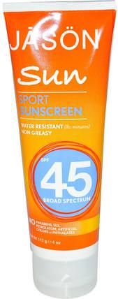 Sun, Sport Sunscreen, SPF 45, 4 oz (113 g) by Jason Natural, 美容，面部護理，曬傷防曬，沐浴，防曬霜，spf 30-45 HK 香港
