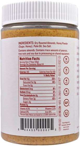 justins堅果黃油，食物，杏仁黃油 - Justins Nut Butter, Honey Almond Butter, 16 oz (454 g)