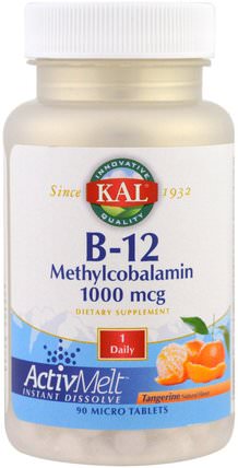 B-12 Methylcobalamin, Tangerine, 1000 mcg, 90 Micro Tablets by KAL, 維生素，維生素b HK 香港