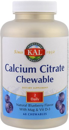 Calcium Citrate Chewable, Natural Blueberry Flavor, 60 Chewables by KAL, 補品，礦物質，鈣 HK 香港