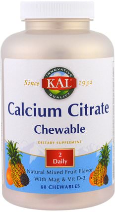 Calcium Citrate Chewable, Natural Mixed Fruit Flavor, 60 Chewables by KAL, 補品，礦物質，鈣 HK 香港