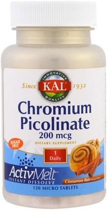 Chromium Picolinate ActivMelt, Cinnamon Bun, 120 Micro Tablets by KAL, 補充劑，礦物質，吡啶甲酸鉻 HK 香港