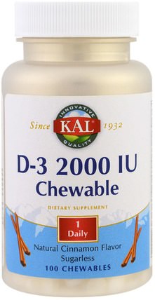 D-3 Chewable, Natural Cinnamon Flavor, 2000 IU, 100 Chewables by KAL, 維生素，維生素D3 HK 香港