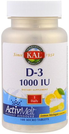 D-3, Lemon Meringue, 1000 IU, 100 Micro Tablets by KAL, 維生素，維生素D3 HK 香港