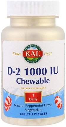 D2, Natural Peppermint Flavor, 1000 IU, 100 Chewables by KAL, 維生素，維生素d3，維生素d 2（麥角鈣化醇） HK 香港