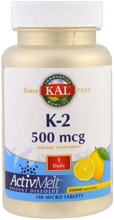 K-2, Lemon, 500 mcg, 100 Micro Tablets by KAL, 維生素，維生素K HK 香港