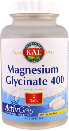Magnesium Glycinate 400, Soy Free, 400 mg, 60 Softgels by KAL, 補充劑，礦物質，甘氨酸鎂 HK 香港