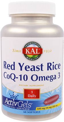 Red Yeast Rice CoQ-10 Omega 3, 60 Softgels by KAL, 補充劑，輔酶q10，coq10 +魚油，健康，膽固醇支持，紅曲米+輔酶q10 HK 香港
