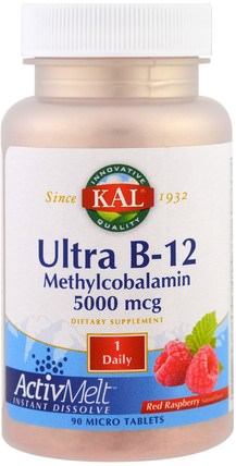 Ultra B-12 Methylcobalamin, Red Raspberry, 5000 mcg, 90 Micro Tablets by KAL, 維生素，維生素b，維生素b12 HK 香港