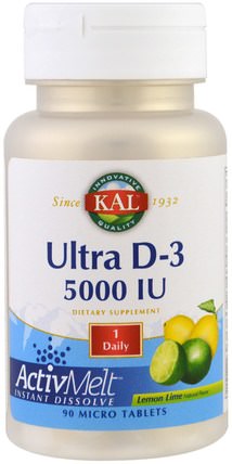 Ultra D-3 ActivMelt, Lemon Lime, 5000 IU, 90 Micro Tablets by KAL, 維生素，維生素D3 HK 香港