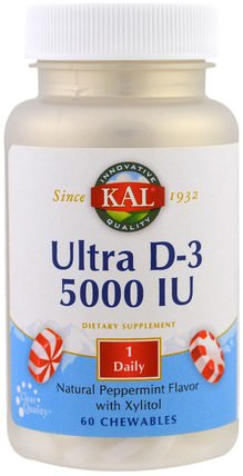 Ultra D-3, Natural Peppermint Flavor with Xylitol, 5000 IU, 60 Chewables by KAL, 維生素，維生素D3 HK 香港