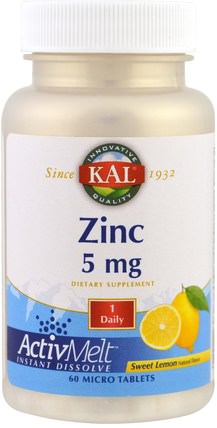 Zinc, Sweet Lemon, 5 mg, 60 Micro Tablets by KAL, 補品，礦物質，鋅 HK 香港
