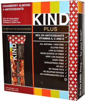 Kind Plus, Cranberry Almond + Antioxidants Bars, 12 Bars, 1.4 oz (40 g) Each by KIND Bars, 補充劑，營養棒 HK 香港