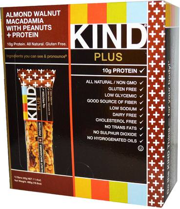 Kind Plus, Fruit & Nut Bars, Almond, Walnut, Macadamia with Peanuts + Protein, 12 Bars, 1.4 oz (40 g) Each by KIND Bars, 食物，零食，蛋白質棒 HK 香港