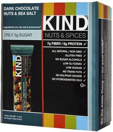 Nuts & Spices, Dark Chocolate Nuts & Sea Salt, 12 Bars, 1.4 oz (40 g) Each by KIND Bars, 補充劑，營養棒 HK 香港