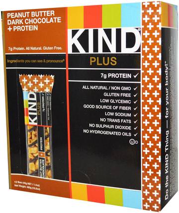 Plus, Fruit & Nut Bars, Peanut Butter Dark Chocolate + Protein, 12 Bars, 1.4 oz (40 g) Each by KIND Bars, 食物，零食，健康零食，補品，營養棒 HK 香港