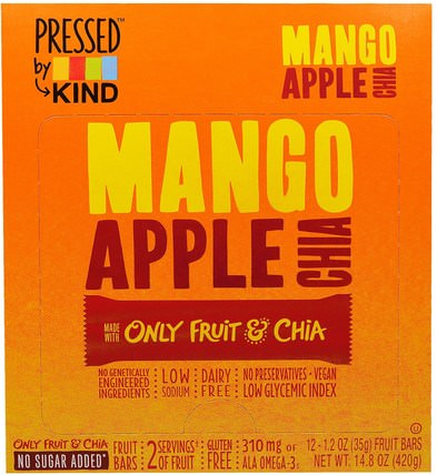 Pressed by KIND, Mango, Apple & Chia, 12 Fruit Bars - 1.2 oz (35 g) by KIND Bars, 食物，零食，健康零食 HK 香港