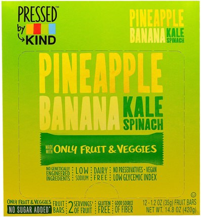 Pressed by KIND, Pineapple, Banana, Kale & Spinach, 12 Fruit Bars - 1.2 oz (35 g) Each by KIND Bars, 食物，零食，健康零食 HK 香港