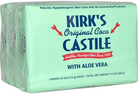 Original Coco Castile Bar Soap, with Aloe Vera, 3 Bars, 4 oz (113 g) Each by Kirks, 洗澡，美容，肥皂 HK 香港