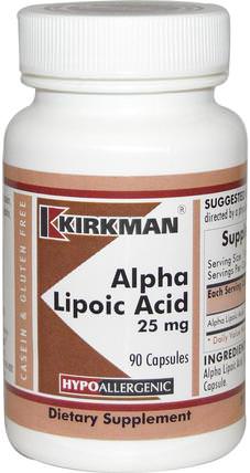 Alpha Lipoic Acid, 25 mg, 90 Capsules by Kirkman Labs, 補充劑，抗氧化劑，α硫辛酸 HK 香港