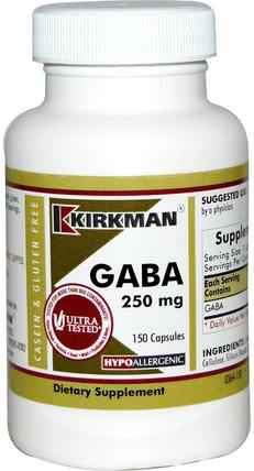 GABA, 250 mg, 150 Capsules by Kirkman Labs, 補充劑，gaba（γ氨基丁酸），健康，情緒 HK 香港