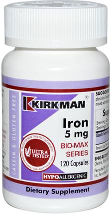Iron Bio-Max Series, 5 mg, 120 Capsules by Kirkman Labs, 補品，礦物質，鐵 HK 香港