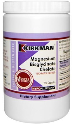 Magnesium Bisglycinate Chelate, Bio-Max Series, 250 Capsules by Kirkman Labs, 補充劑，礦物質，甘氨酸鎂 HK 香港