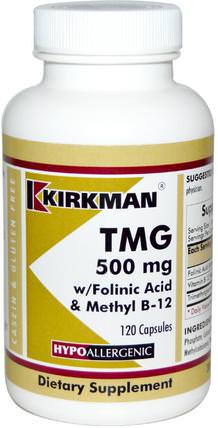 TMG, With Folinic Acid & Methyl B-12, 500 mg, 120 Capsules by Kirkman Labs, 維生素，維生素b，亞葉酸，補充劑，tmg（無水甜菜鹼） HK 香港