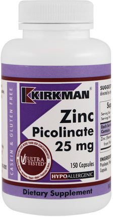 Zinc Picolinate, 25 mg, 150 Capsules by Kirkman Labs, 補品，礦物質，鋅 HK 香港