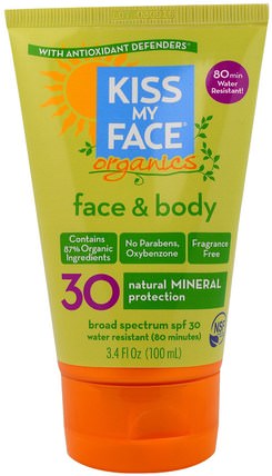 Organics, Face & Body Mineral Sunscreen, SPF 30, 3.4 fl oz (100 ml) by Kiss My Face, 洗澡，美容，防曬霜，spf 30-45 HK 香港