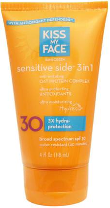 Sensitive Side 3in1 Sunscreen, SPF 30, 4 fl oz (118 ml) by Kiss My Face, 洗澡，美容，防曬霜，spf 30-45 HK 香港