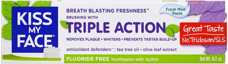 Triple Action Toothpaste, Fluoride Free, Fresh Mint Paste, 4.1 oz by Kiss My Face, 沐浴，美容，牙膏，口腔牙齒護理，牙齒美白 HK 香港