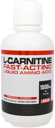 L-Carnitine Fast-Acting Liquid Amino Acid, Tropical Punch, 16 oz (473 ml) by Labrada Nutrition, 補充劑，氨基酸，左旋肉鹼 HK 香港